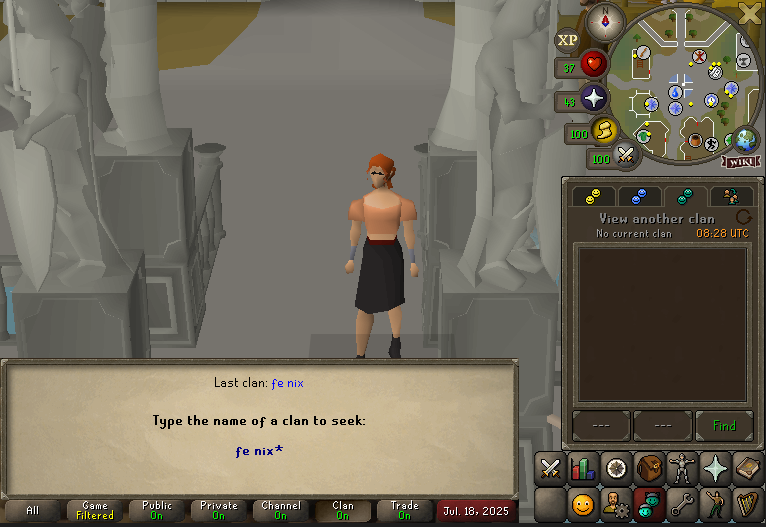 OSRS with the grouping tab opened, the guest chat sub-tab opened, and a prompt asking for the name of a clan to guest in with the response fe nix