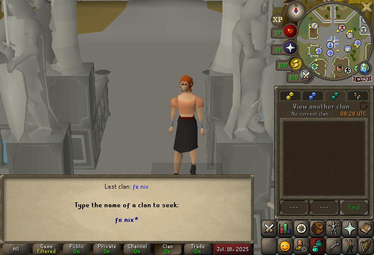 OSRS with the grouping tab opened, the guest chat sub-tab opened, and a prompt asking for the name of a clan to guest in with the response fe nix